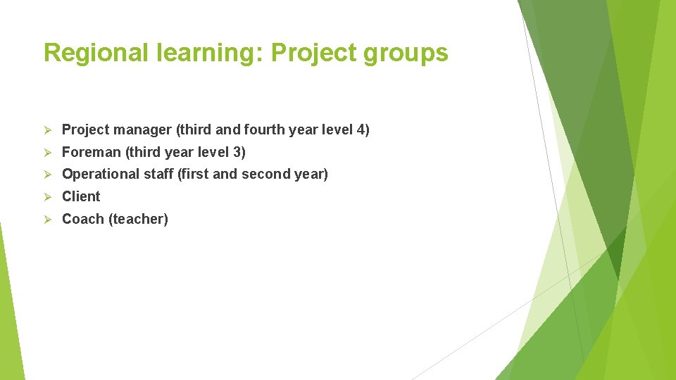 Regional learning: Project groups Ø Project manager (third and fourth year level 4) Ø