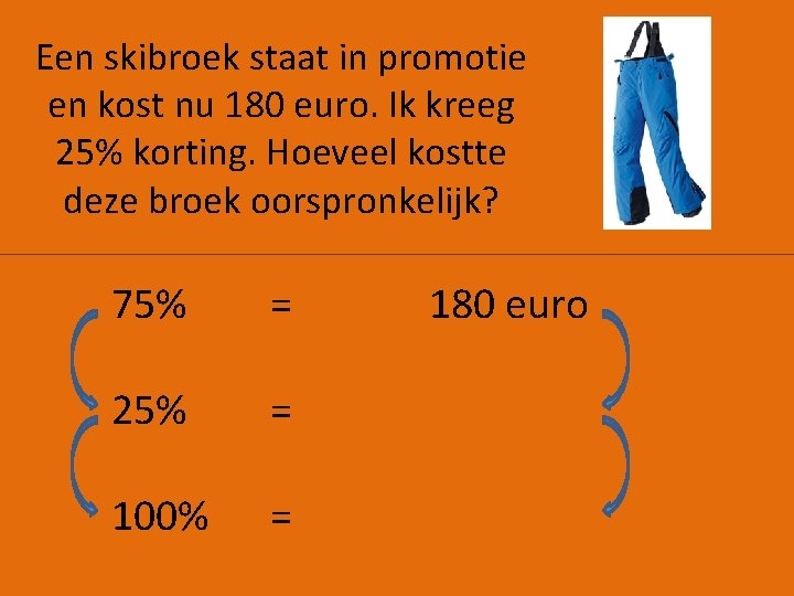 Een skibroek staat in promotie en kost nu 180 euro. Ik kreeg 25% korting.