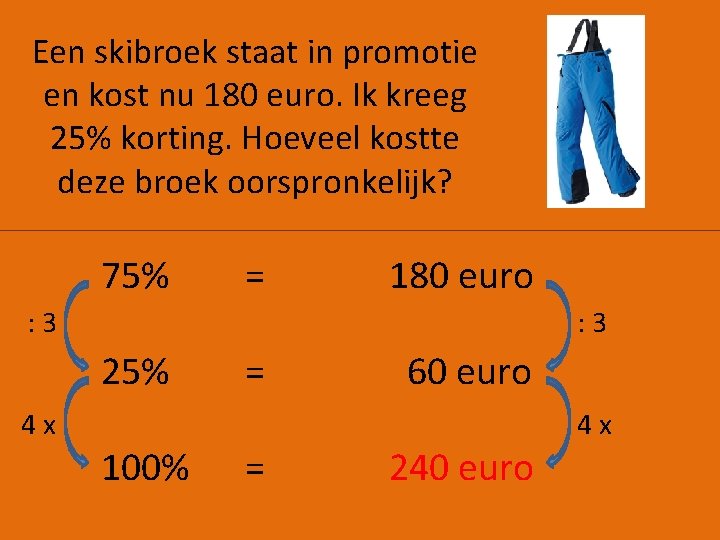 Een skibroek staat in promotie en kost nu 180 euro. Ik kreeg 25% korting.