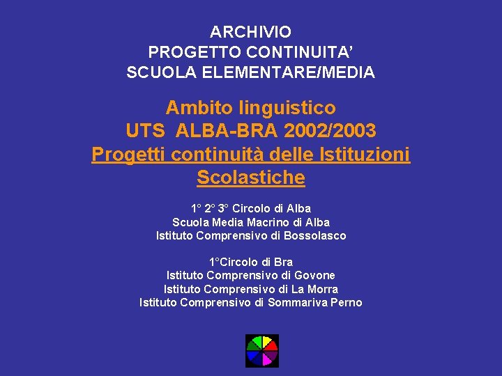 ARCHIVIO PROGETTO CONTINUITA’ SCUOLA ELEMENTARE/MEDIA Ambito linguistico UTS ALBA-BRA 2002/2003 Progetti continuità delle Istituzioni