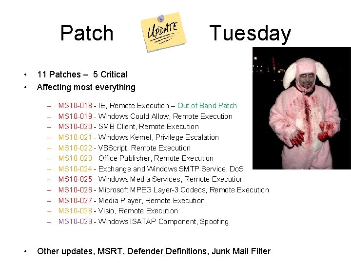 Patch • • 11 Patches – 5 Critical Affecting most everything – – –
