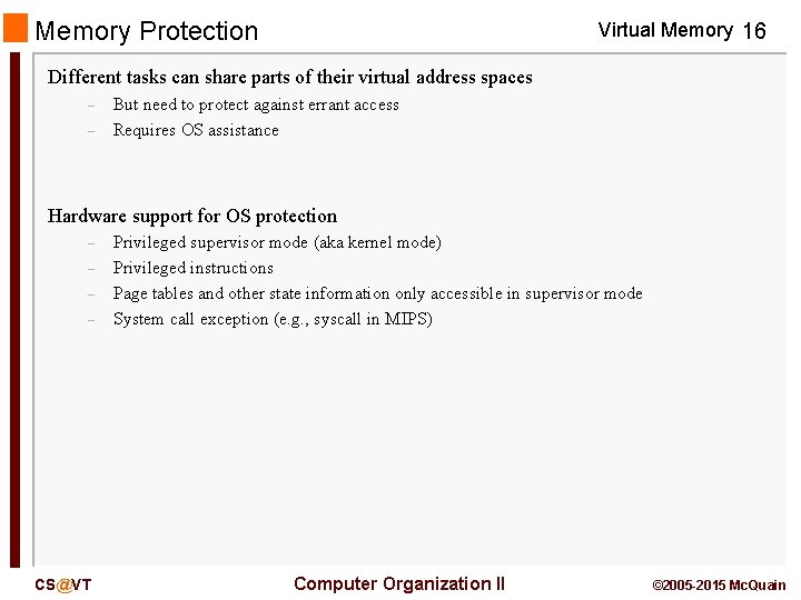 Memory Protection Virtual Memory 16 Different tasks can share parts of their virtual address
