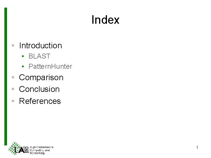 Index § Introduction • BLAST • Pattern. Hunter § Comparison § Conclusion § References