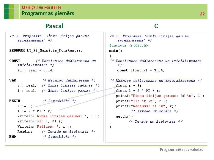 Mainīgais un konstante Programmas piemērs Pascal (* 2. Programma ‘Rinka linijas garuma aprekinasana’ *)