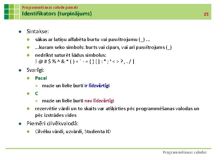 Programmēšanas valodu pamati Identifikators (turpinājums) l Sintakse: l l sākas ar latīņu alfabēta burtu