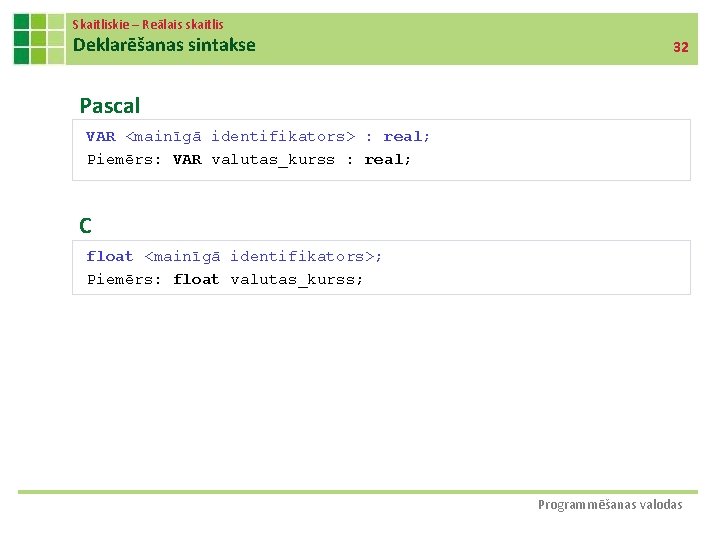Skaitliskie – Reālais skaitlis Deklarēšanas sintakse 32 Pascal VAR <mainīgā identifikators> : real; Piemērs: