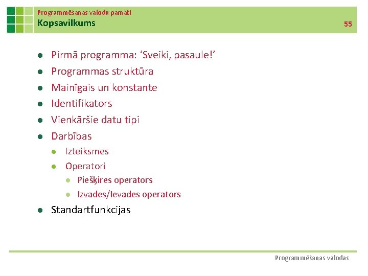 Programmēšanas valodu pamati Kopsavilkums l l l Pirmā programma: ‘Sveiki, pasaule!’ Programmas struktūra Mainīgais