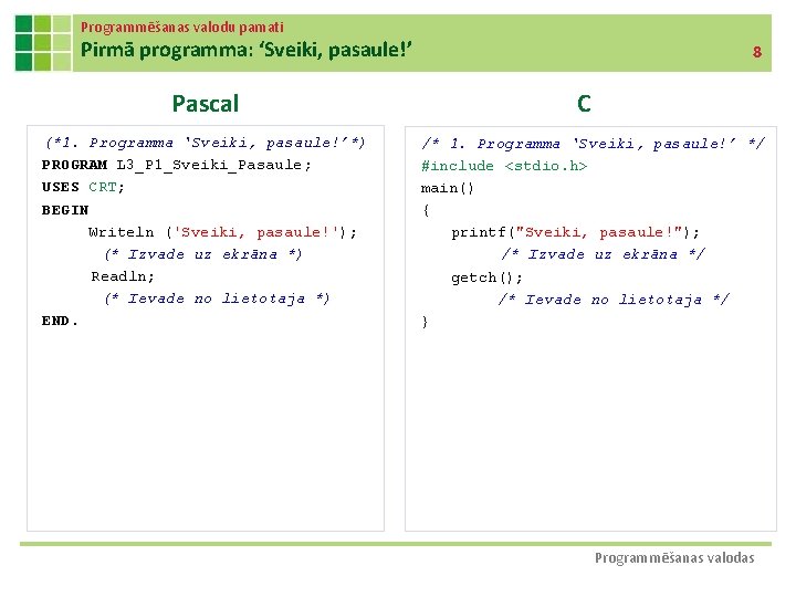 Programmēšanas valodu pamati Pirmā programma: ‘Sveiki, pasaule!’ Pascal (*1. Programma ‘Sveiki, pasaule!’*) PROGRAM L