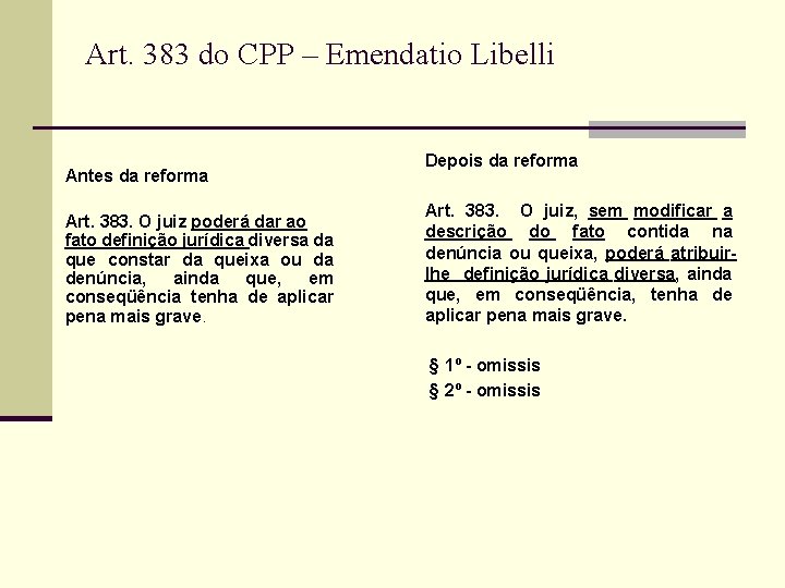Art. 383 do CPP – Emendatio Libelli Antes da reforma Art. 383. O juiz