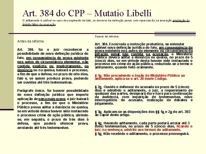 Art. 384 do CPP – Mutatio Libelli O aditamento é cabível no caso de