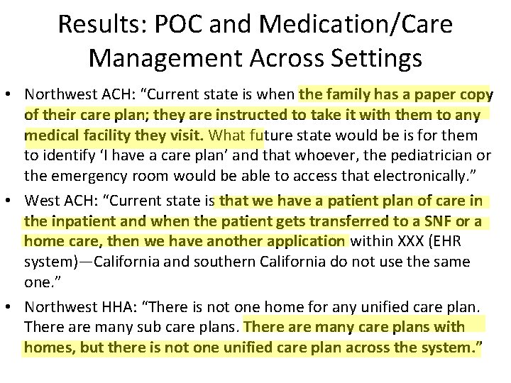 Results: POC and Medication/Care Management Across Settings • Northwest ACH: “Current state is when