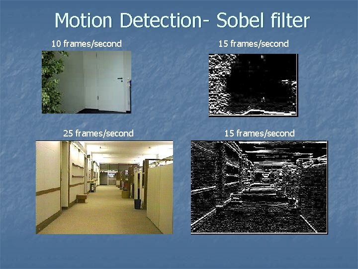 Motion Detection- Sobel filter 10 frames/second 25 frames/second 15 frames/second Motion Detection- Sobel filter 10 frames/second 25 frames/second 15 frames/second