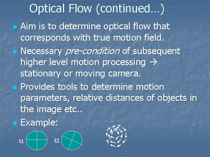 Optical Flow (continued…) n n Aim is to determine optical flow that corresponds with Optical Flow (continued…) n n Aim is to determine optical flow that corresponds with