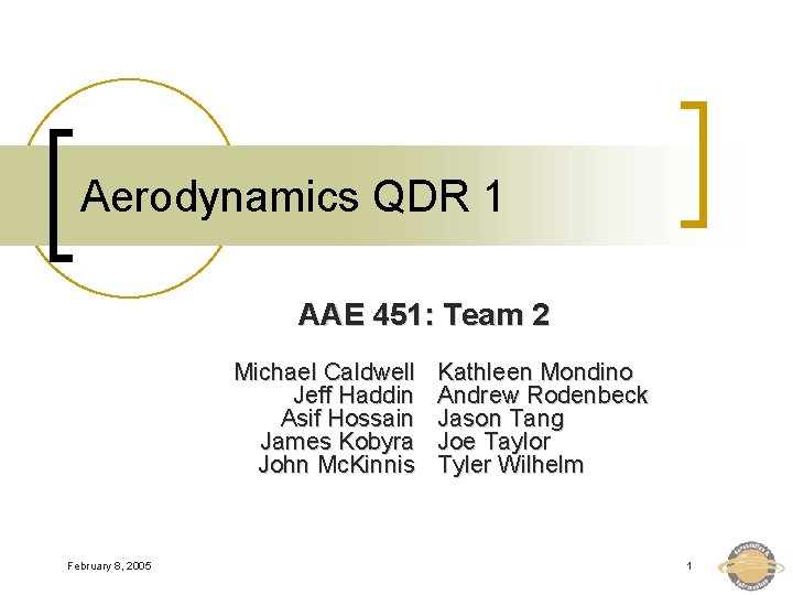 Aerodynamics QDR 1 AAE 451: Team 2 Michael Caldwell Jeff Haddin Asif Hossain James