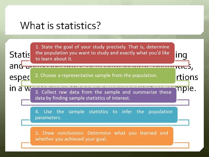 What is statistics? Statistics – the practice or science of collecting and analyzing numerical