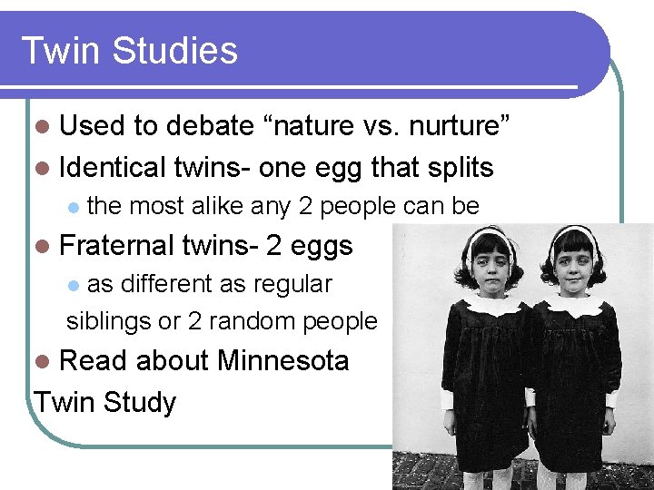 Twin Studies l Used to debate “nature vs. nurture” l Identical twins- one egg