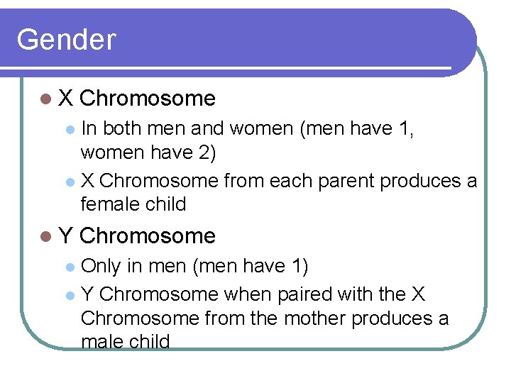 Gender l. X Chromosome In both men and women (men have 1, women have
