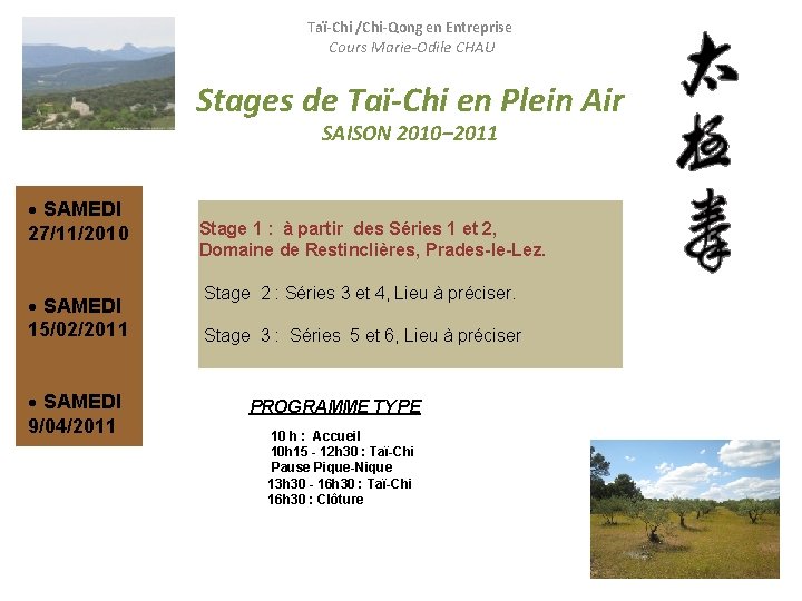 Taï-Chi /Chi-Qong en Entreprise Cours Marie-Odile CHAU Stages de Taï-Chi en Plein Air SAISON