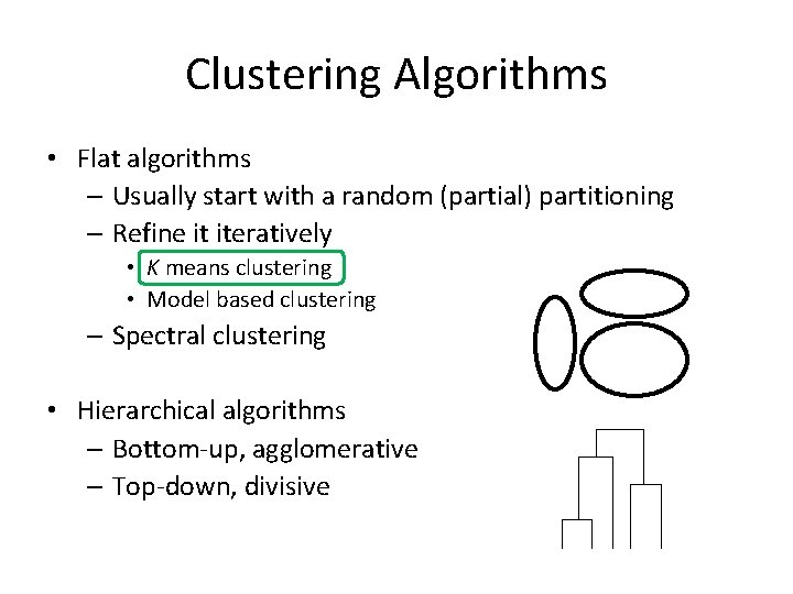 Clustering Algorithms • Flat algorithms – Usually start with a random (partial) partitioning –