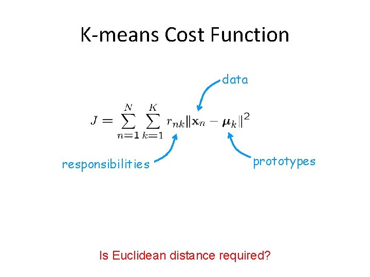 K-means Cost Function data responsibilities prototypes Is Euclidean distance required? 