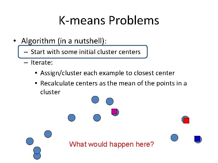 K-means Problems • Algorithm (in a nutshell): – Start with some initial cluster centers