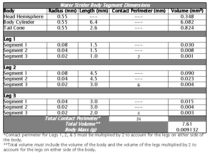 Body Head Hemisphere Body Cylinder Tail Cone Water Strider Body Segment Dimensions Radius (mm)