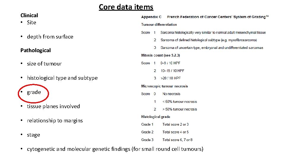 Clinical • Site Core data items • depth from surface Pathological • size of