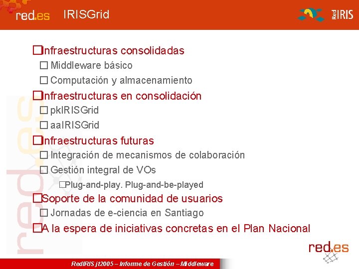 IRISGrid �Infraestructuras consolidadas � Middleware básico � Computación y almacenamiento �Infraestructuras en consolidación �
