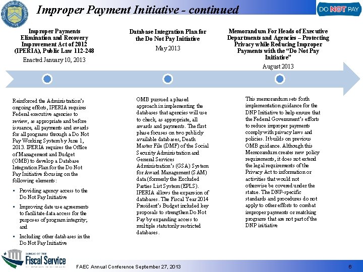 Improper Payment Initiative - continued Improper Payments Elimination and Recovery Improvement Act of 2012