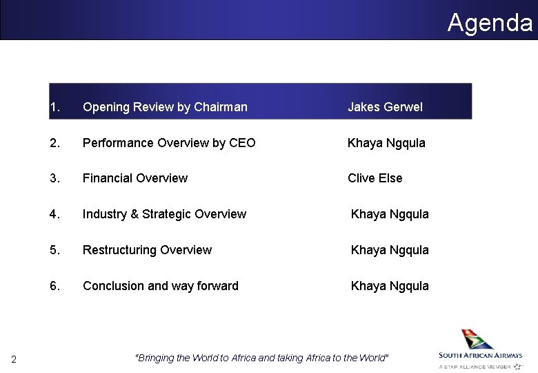 Agenda 2 1. Opening Review by Chairman Jakes Gerwel 2. Performance Overview by CEO