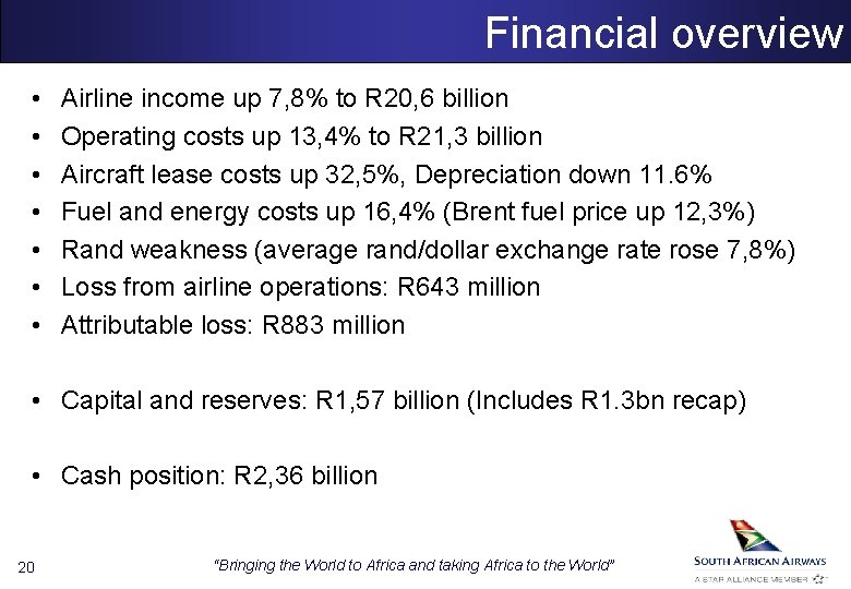 Financial overview • • Airline income up 7, 8% to R 20, 6 billion