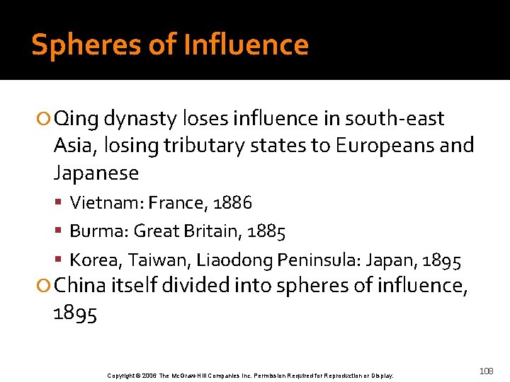 Spheres of Influence Qing dynasty loses influence in south-east Asia, losing tributary states to