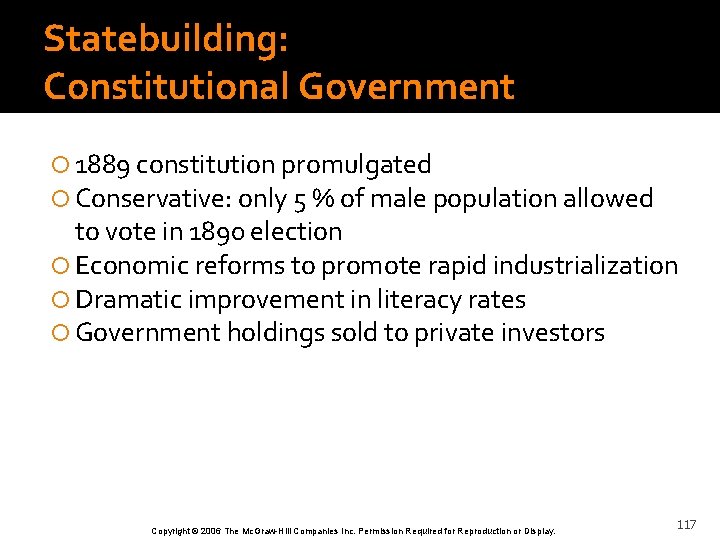 Statebuilding: Constitutional Government 1889 constitution promulgated Conservative: only 5 % of male population allowed