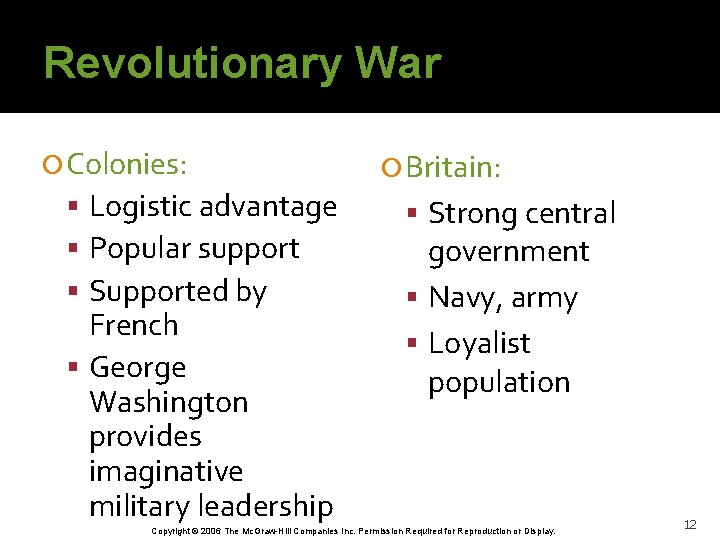 Revolutionary War Colonies: Logistic advantage Popular support Supported by French George Washington provides imaginative