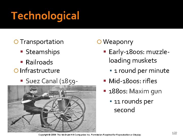 Technological Transportation Steamships Railroads Infrastructure Suez Canal (1859 - 1869) Panama Canal (19041914) Weaponry