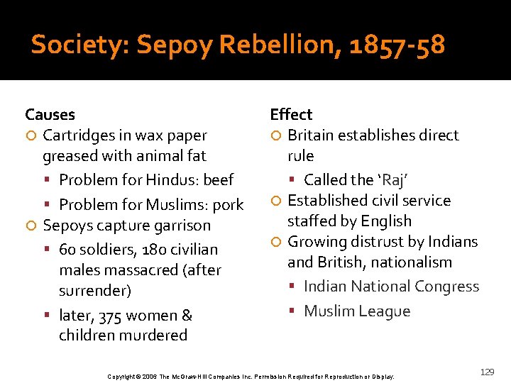 Society: Sepoy Rebellion, 1857 -58 Causes Cartridges in wax paper greased with animal fat