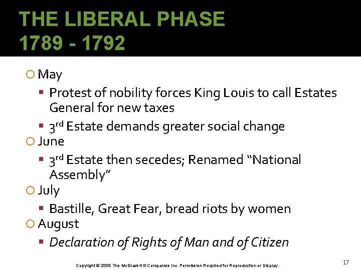 THE LIBERAL PHASE 1789 - 1792 May Protest of nobility forces King Louis to