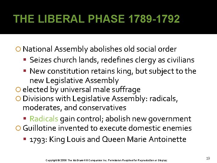 THE LIBERAL PHASE 1789 -1792 National Assembly abolishes old social order Seizes church lands,