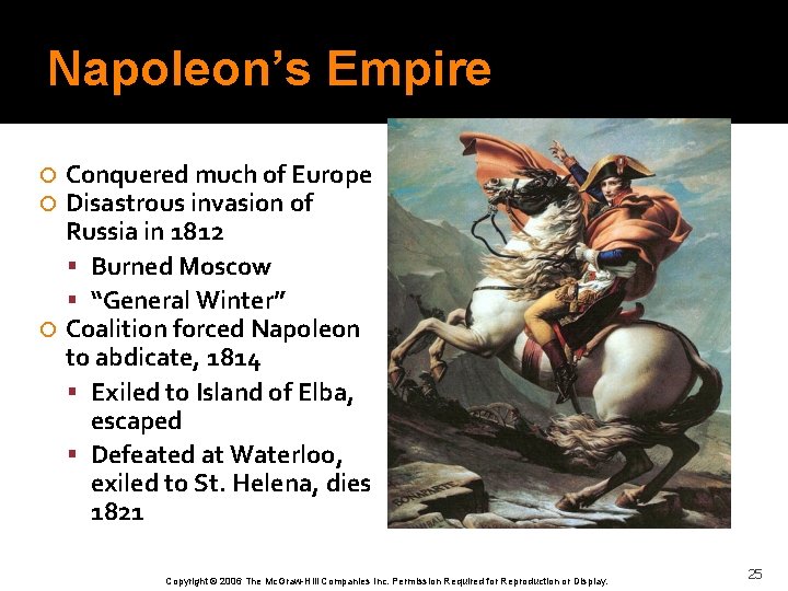 Napoleon’s Empire Conquered much of Europe Disastrous invasion of Russia in 1812 Burned Moscow
