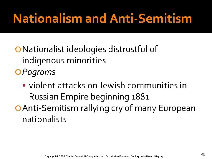 Nationalism and Anti-Semitism Nationalist ideologies distrustful of indigenous minorities Pogroms violent attacks on Jewish