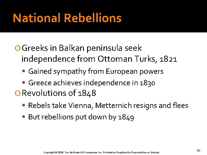 National Rebellions Greeks in Balkan peninsula seek independence from Ottoman Turks, 1821 Gained sympathy