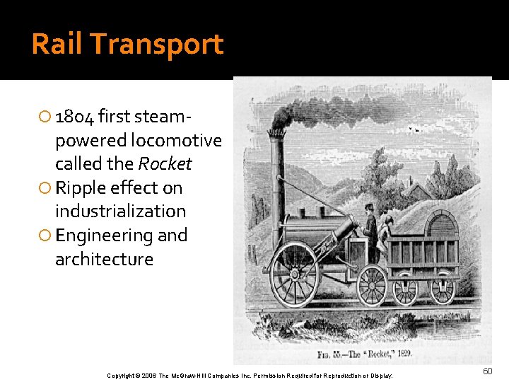 Rail Transport 1804 first steam- powered locomotive called the Rocket Ripple effect on industrialization