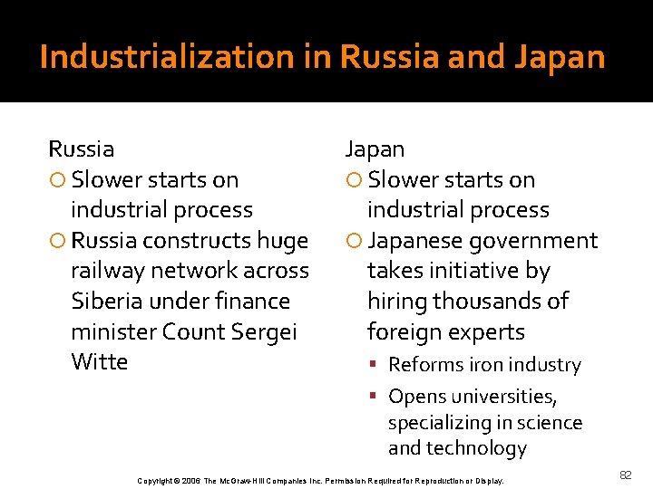 Industrialization in Russia and Japan Russia Slower starts on industrial process Russia constructs huge