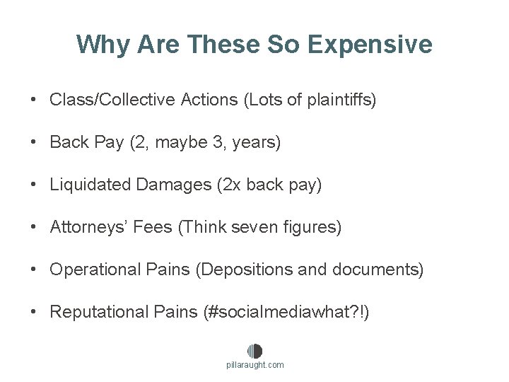 Why Are These So Expensive • Class/Collective Actions (Lots of plaintiffs) • Back Pay