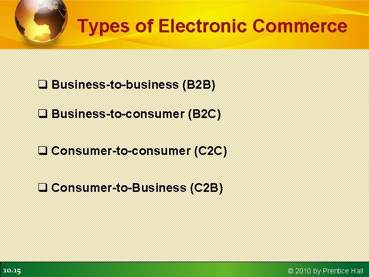 Types of Electronic Commerce q Business-to-business (B 2 B) q Business-to-consumer (B 2 C) Types of Electronic Commerce q Business-to-business (B 2 B) q Business-to-consumer (B 2 C)