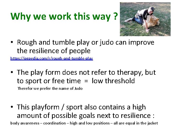 Why we work this way ? • Rough and tumble play or judo can