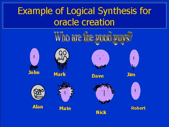 Example of Logical Synthesis for oracle creation John Alan Mark Mate Dave Nick Jim