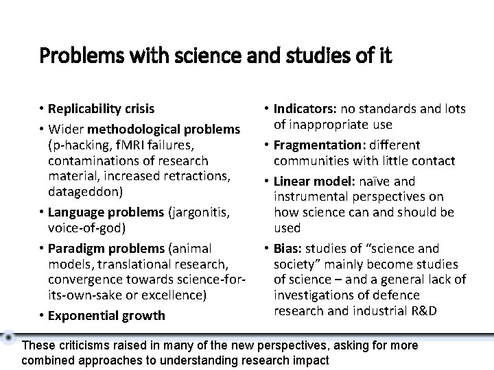 Problems with science and studies of it • Replicability crisis • Wider methodological problems