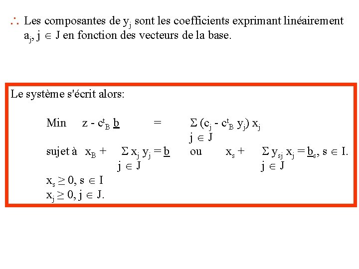  Les composantes de yj sont les coefficients exprimant linéairement aj, j J en