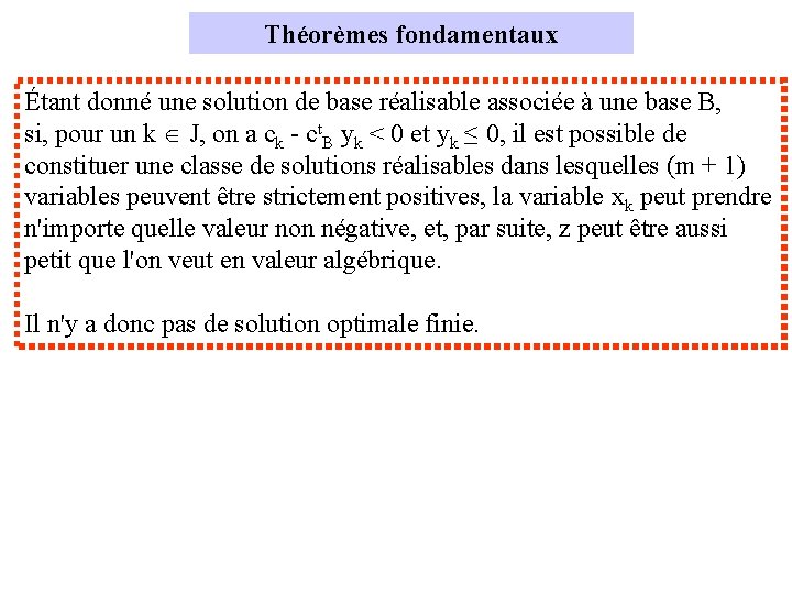 Théorèmes fondamentaux Étant donné une solution de base réalisable associée à une base B,